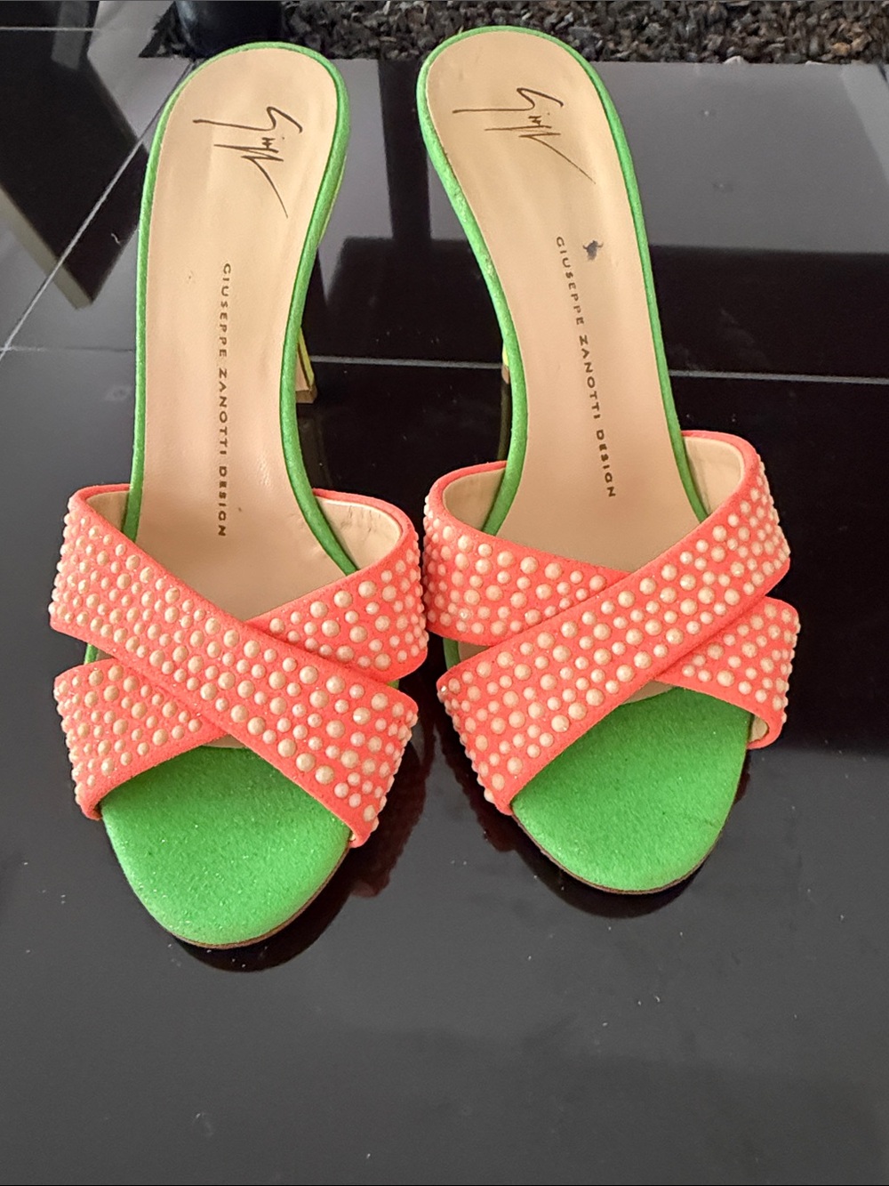 Giuseppe Zanotti Coral Crystal Wrap Slide Sandals with Green Footbed - Picture 9 of 11